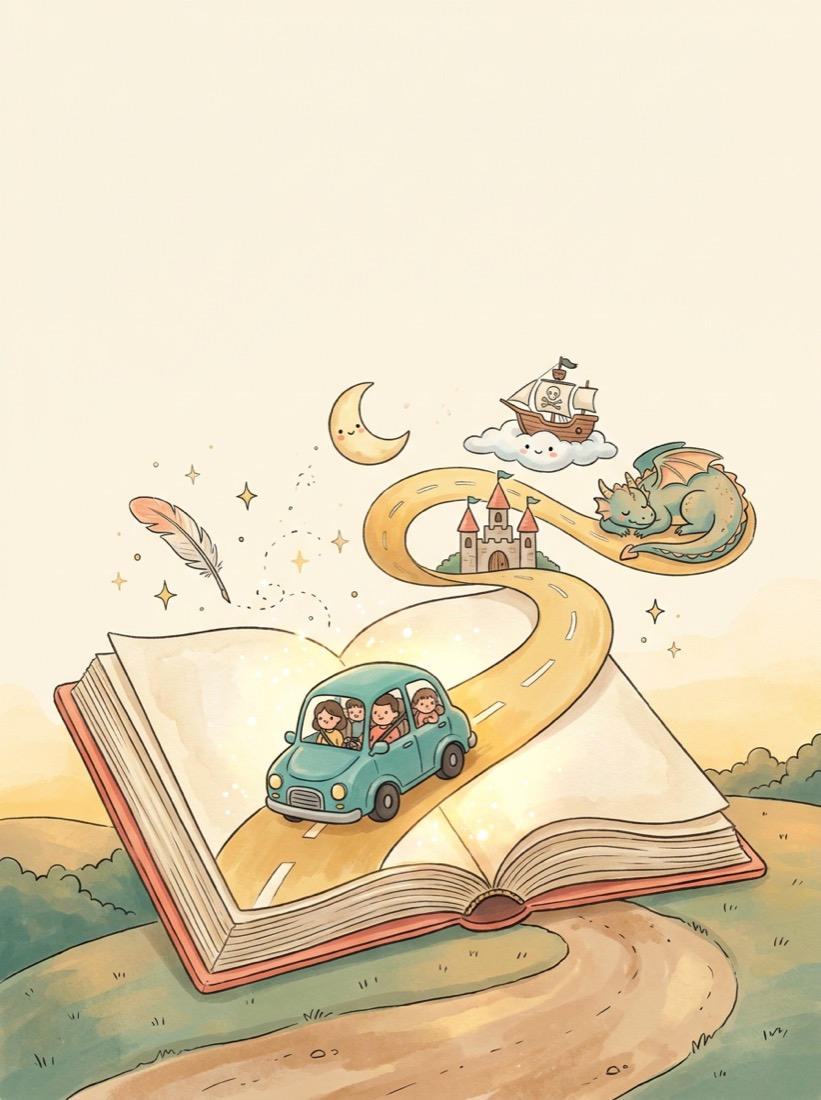 An open storybook with a little family car driving out along a magical road